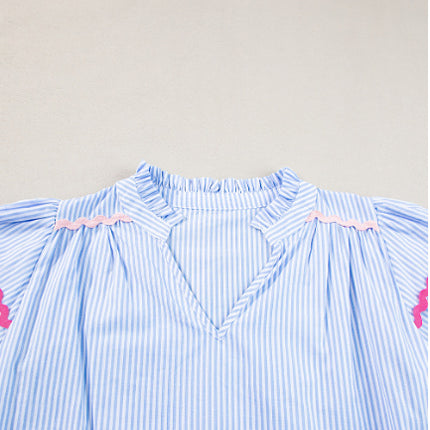 Sky Blue Stripe Ricrac Trim Split Neck Striped Ruffled Sleeve Blouse