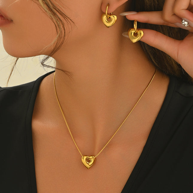 Lxalry 18K Gold Plated Hollow Heart Jewelry Set  Mirror Polish Hypoallergenic Necklace   Earrings For Women Never Fade Handmade Luxury Gift With Adjustable Chain