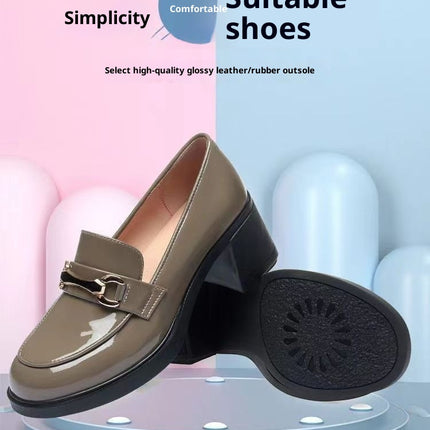 Dark Green Glossy Chunky Heel Metal Buckle Loafers For Women