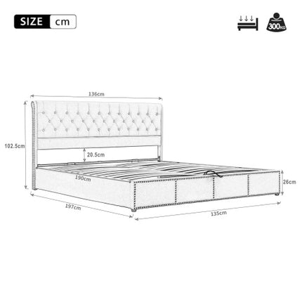 Gestoffeerde Bed, Dubbelbed-4vt6 135x190cm, met Hidrouliese Heffingsmeganisme, Funksionele Bergingsbed, Klinknaelversiering, Sonder Matras, Linne, Liggrys