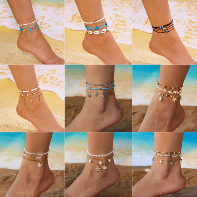 Starfish Conch Shell Pearl Multi Layer Anklet