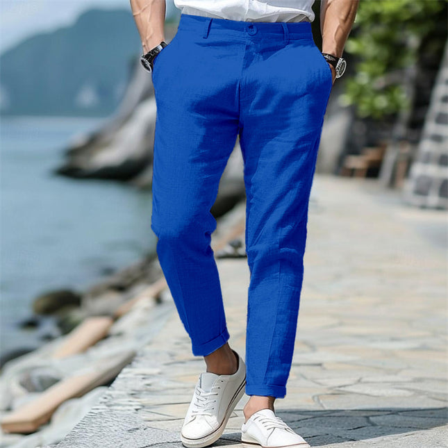 Men's Linen Summer Button Front Slant Pocket Straight-leg Trousers