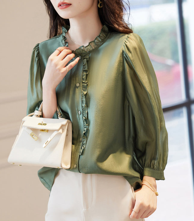 Nine-quarter Sleeve Shirt Women's Puff Sleeve Thin Solid Color Top