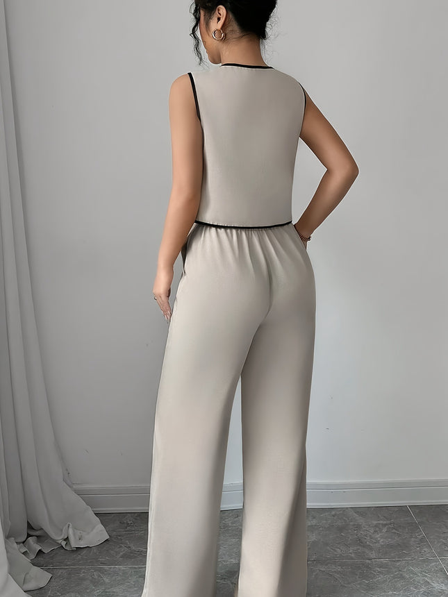 Shirt With Bow Tie Beige Wide Leg Pants Suit