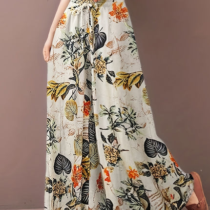 Plus Size Botanical Print Tie Women'S Casual Waisted Loose Wide Leg Pants