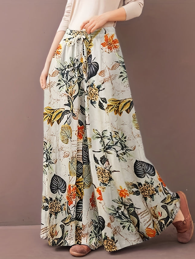 Plus Size Botanical Print Tie Women'S Casual Waisted Loose Wide Leg Pants