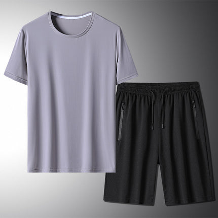 Outdoor Summer Short-sleeved Suit Male Ice Silk T-shirt Five-point Pants Sports Shorts Men's Breathable Short Set Two-piece Tide