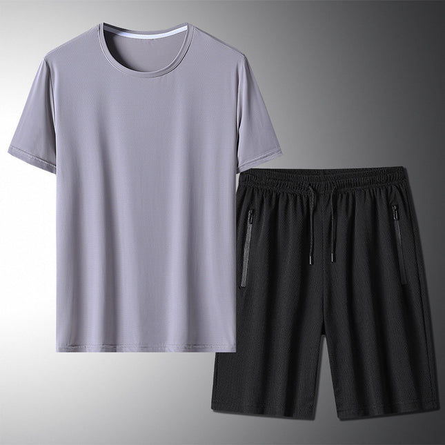 Outdoor Summer Short-sleeved Suit Male Ice Silk T-shirt Five-point Pants Sports Shorts Men's Breathable Short Set Two-piece Tide