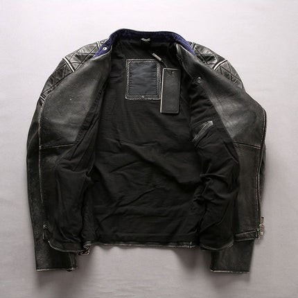 Men's Distressed Stand Collar Cropped Slim Leather Jacket