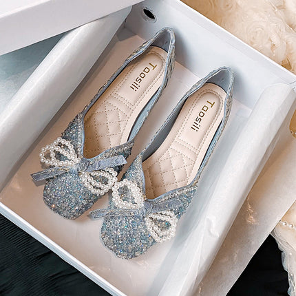 New Square Toe Flats Classic Style Rhinestone Pearl Shoes