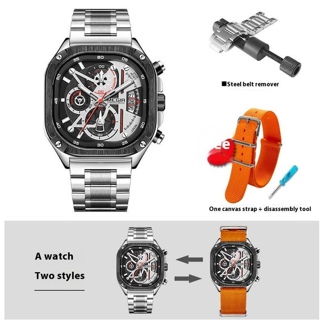 Fashion Square Watch Multi-functional Trendy All-match Good-looking Luminous Quartz