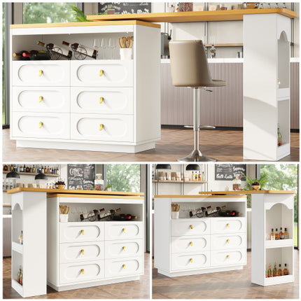 360 Roterende Kroegtafel Hoofgedeelte 137 X 39 X 90 Cm, Koffiekroegmeubels, Roterende Eetkroeg Met Berging, Kombuiseiland, Met Speseryrak, Ses Laaie, Oop Bergingspasie, Wit