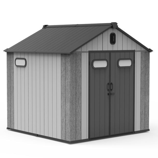 8x8VT Hars Buitebergingskuur Met Sluitbare Deur, Waterdigte Buiteskuur Met Vensters & Ventilator, Swaardiens Plastiek Gereedskap Bergingskuur Vir Patio Meubels, Grassnyer, Fiets