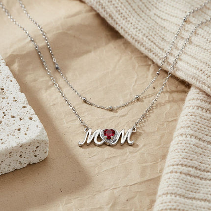 Moms Loving Heart Rooi Diamant Dubbellaag Gelaagde Halssnoer Vir Vroue