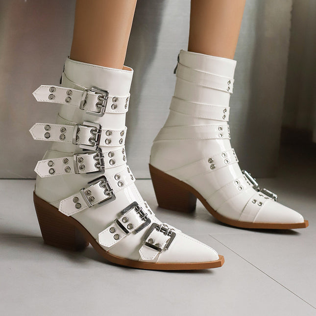 Autumn And Winter Pointed Knight Women's Boots Plus Size Punk Belt Buckle Booties