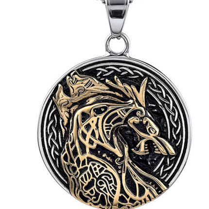 Persoonlike Wolfkop-Totem Titaanstaal Swart-en-Goud Kontras-Hanger