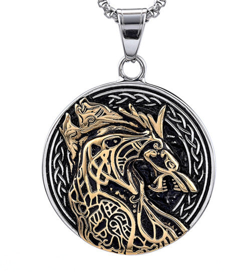 Persoonlike Wolfkop-Totem Titaanstaal Swart-en-Goud Kontras-Hanger