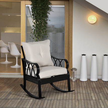 Buitelug Wiegstoel van Rattan met Gevoerde Kussings, Aluminium Meubel Wiegstoel van Rattan met Armleuning vir Tuin, Patio en Agterplaas, Kakie