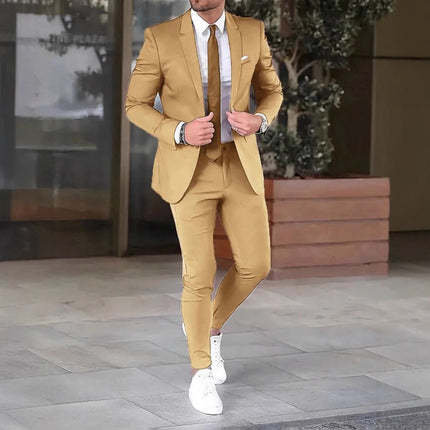 Two-piece Solid Color Slim-fit Coat Suit Pants