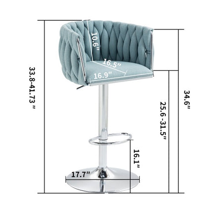 360-grade Draaibare Kroegstoele Met Stofbekleedsel, Stel Van 2, Verstelbare Kroegstoele Met Gevlegde Rugleuning En Voetstut, Silwer Verchroomde Kroegstoele Vir Kombuiseiland, Kafee, Kroeg