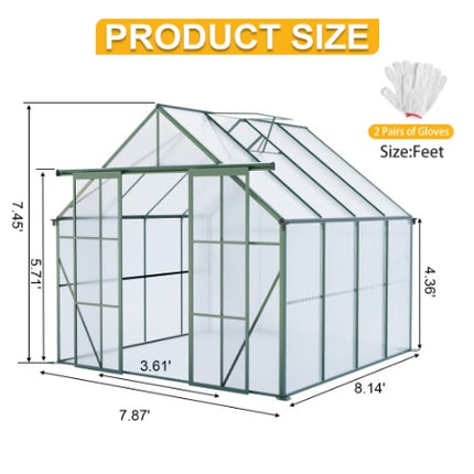 8x8 FT Double Door Polycarbonate Greenhouse Raised Base And Anchor Aluminum Heavy Duty Walk-in Greenhouses For Outdoor Backyard In All Season