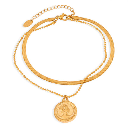 Retro Titanium Steel Gold-plated Portrait Round Anklet