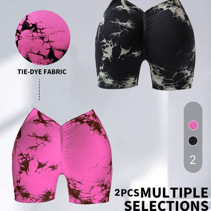 2 Pack Women's Tie Dye High Waist V-Back Scrunch Yoga Shorts, Peach Lift Seamless Sport Athletic Shorts With Stretch Fabric, Fitness Workout Bottoms