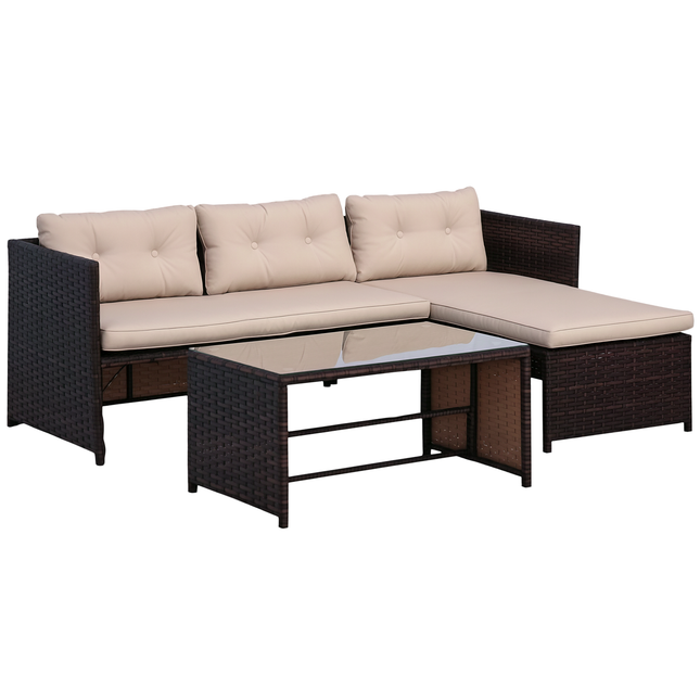 3-stuk Patio Meubelstel, Rattan Buite Bankstel met Lêbank & Liefdesbank, Sagte Kussings, Gehard Glas Tafel, L-vormige Seksionele Bank, Beige