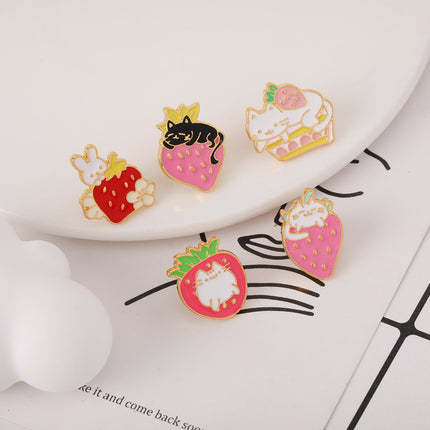 Cute Cat Strawberry Metal Brooch Cake Cat Dripping Oil