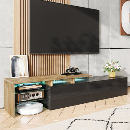 Moderne TV-Kabinetsontwerp Stylvol en Elegant, Praktiese Bergingsruimte, Swart en Hout Voorkoms, Glasrakke, LED-Beligting