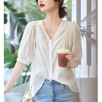 Retro French V-neck Short Sleeve Shirt