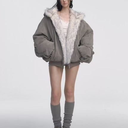 Gray Double-sided Dyed Pointed Fur Vintage Cotton-padded Jacket Coat