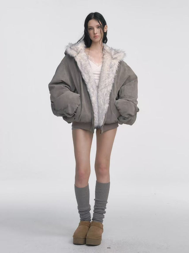 Gray Double-sided Dyed Pointed Fur Vintage Cotton-padded Jacket Coat