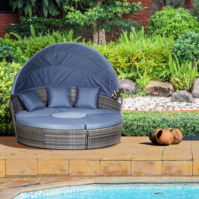 Buitelug PE Rotting Tuinmeubels Met Kussings, Patio Wicker Gespreksmeubelstel, Ronde Dagbed Met Intrekbare Afdak, Koffietafel En Drie Kussings, Grys Blou Grys
