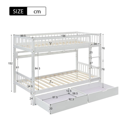 Stapelbed, Kinders, 3FT Soliede Denne Hout Enkelbedraam & Onderbed-laaistoor, Met Rak, Wit 90x190cm