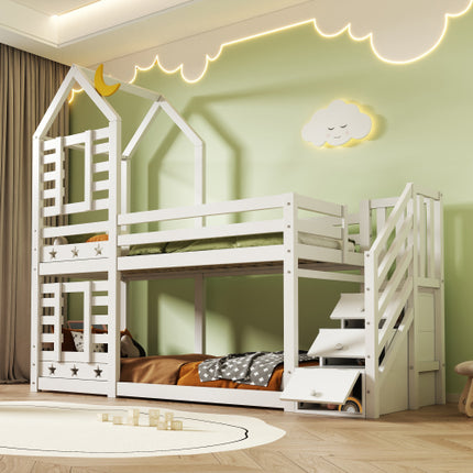 Stapelbedberging Kinderkajuitbed Enkelbed Met Venster Vir Kinders, Dubbelslaper 190x90 Cm, Soliede Dennehout, 3VT - Wit