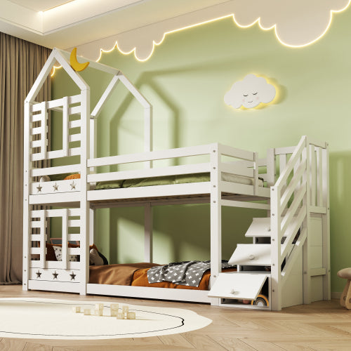 Bunk Bed Storage Children Cabin Bed Single Bed With Window For Kids, Twin Sleeper 190x90 Cm, Solid Pine Wood,3FT -White