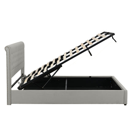 Gestoffeerde Bed, Dubbelbed-4vt6 135x190cm, met Hidrouliese Heffingsmeganisme, Funksionele Bergingsbed, Klinknaelversiering, Sonder Matras, Linne, Liggrys