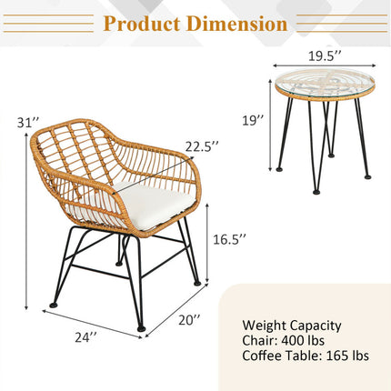 3 Pieces Rattan Furniture Set With Cushioned Chair Table