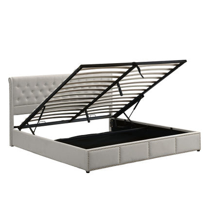 Gestoffeerde Bed, Dubbelbed-4vt6 135x190cm, met Hidrouliese Heffingsmeganisme, Funksionele Bergingsbed, Klinknaelversiering, Sonder Matras, Linne, Liggrys