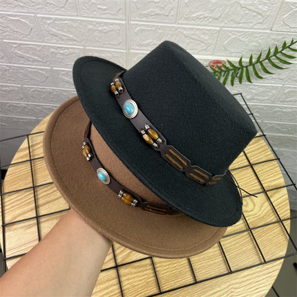 British Retro Woolen Wide Brim Flat Top Hat